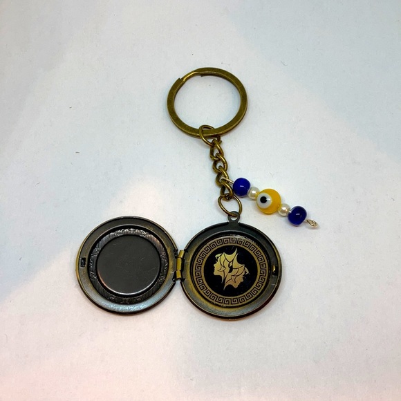 Zodiac Libra Locket Keychain: Balancing Harmony w/ Greek Key and Evil Eye Charm - Picture 2 of 3